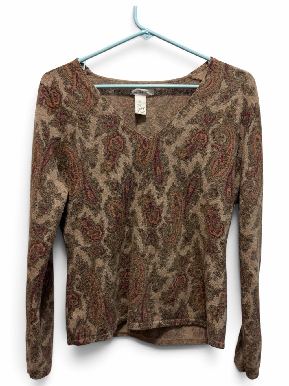 Susan Bristol Paisley V-Neck Angora/Lambs Wool Lightweight Sweater Size XL